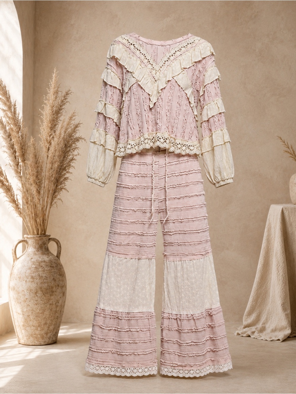 POL Blush Pink Lace Ruffle Boho Wide Leg Two-Piece Set - Picture 2 of 4